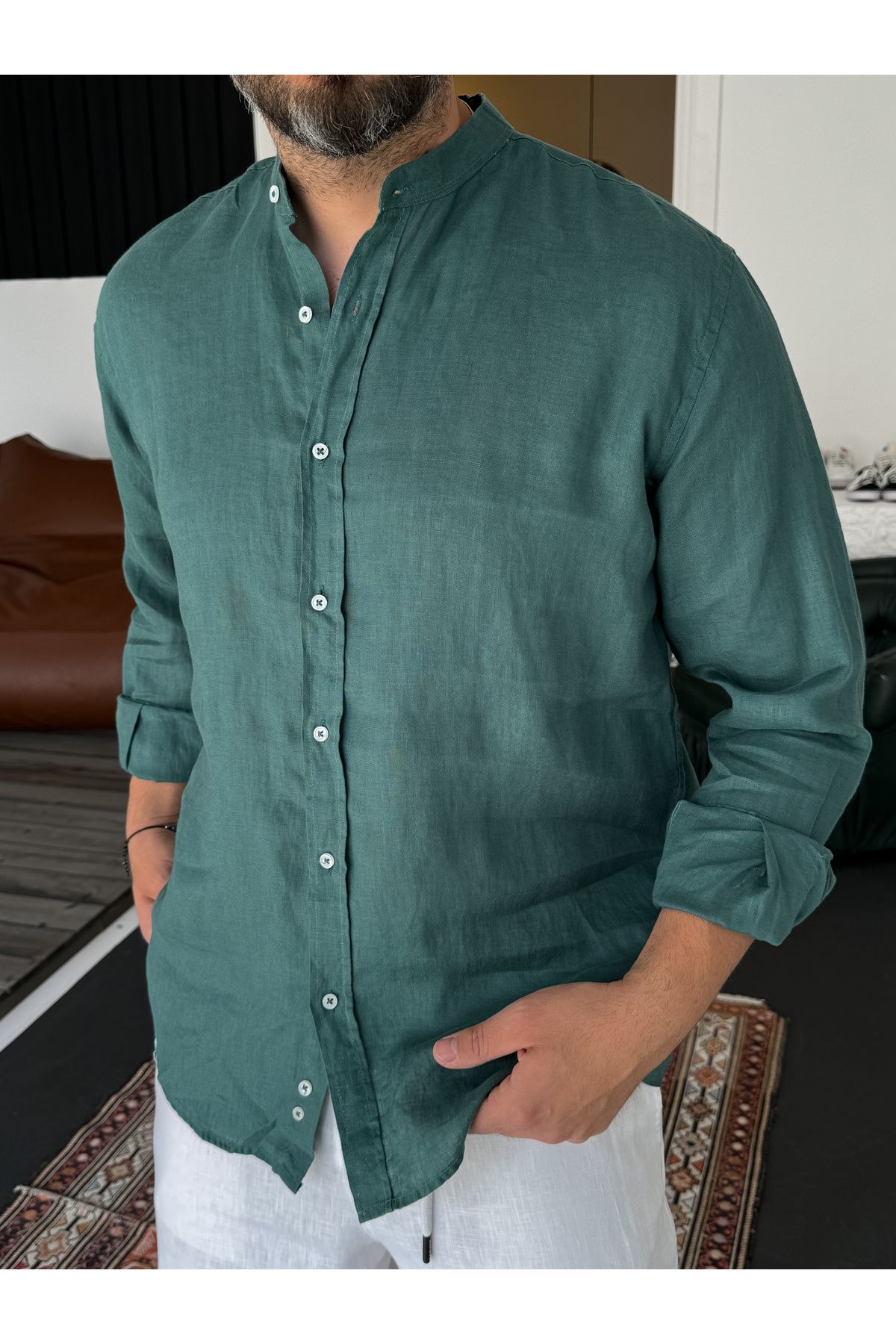 BYBASICMAN-Dark Green Judge Collar Raw Linen Shirt G-5252 4