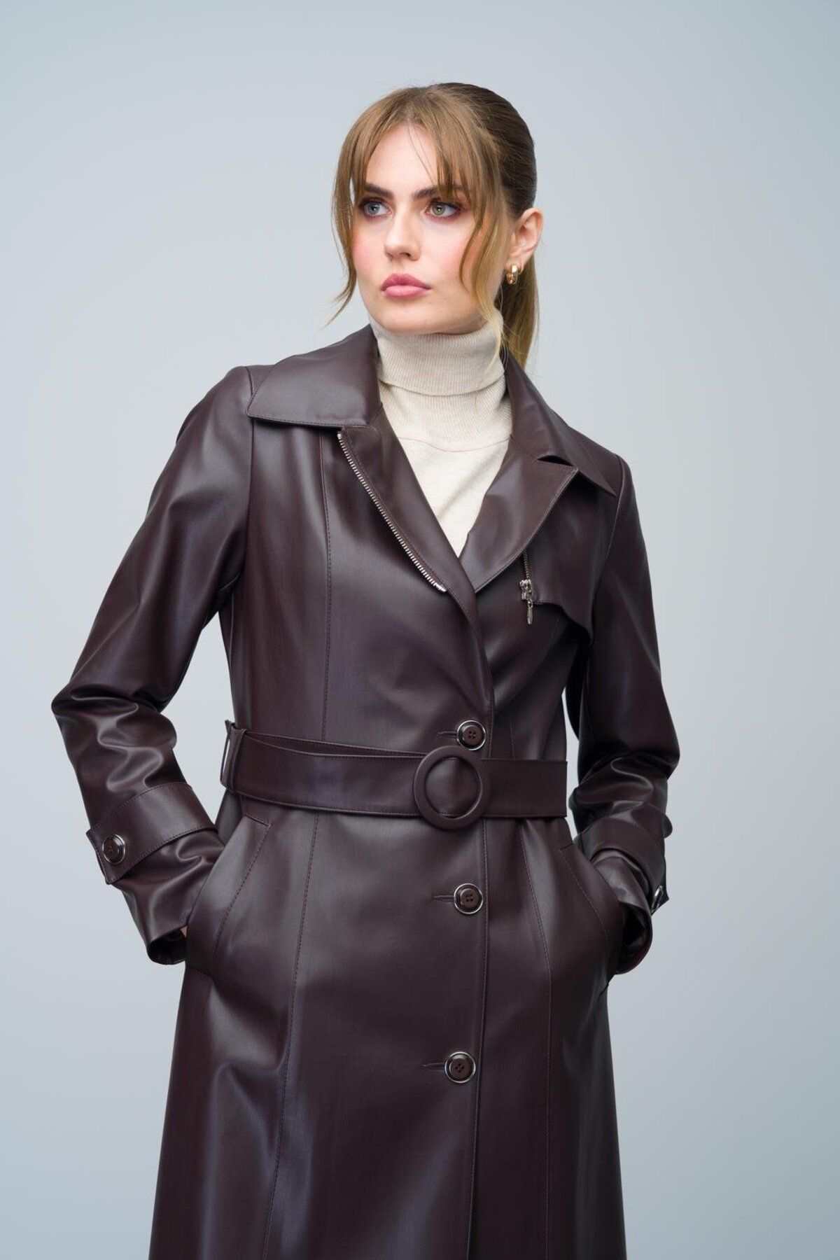 Olcay-Leather Trench Coat - Zipper Detail on the Collar, Belt Buckle, Brown 6609 5