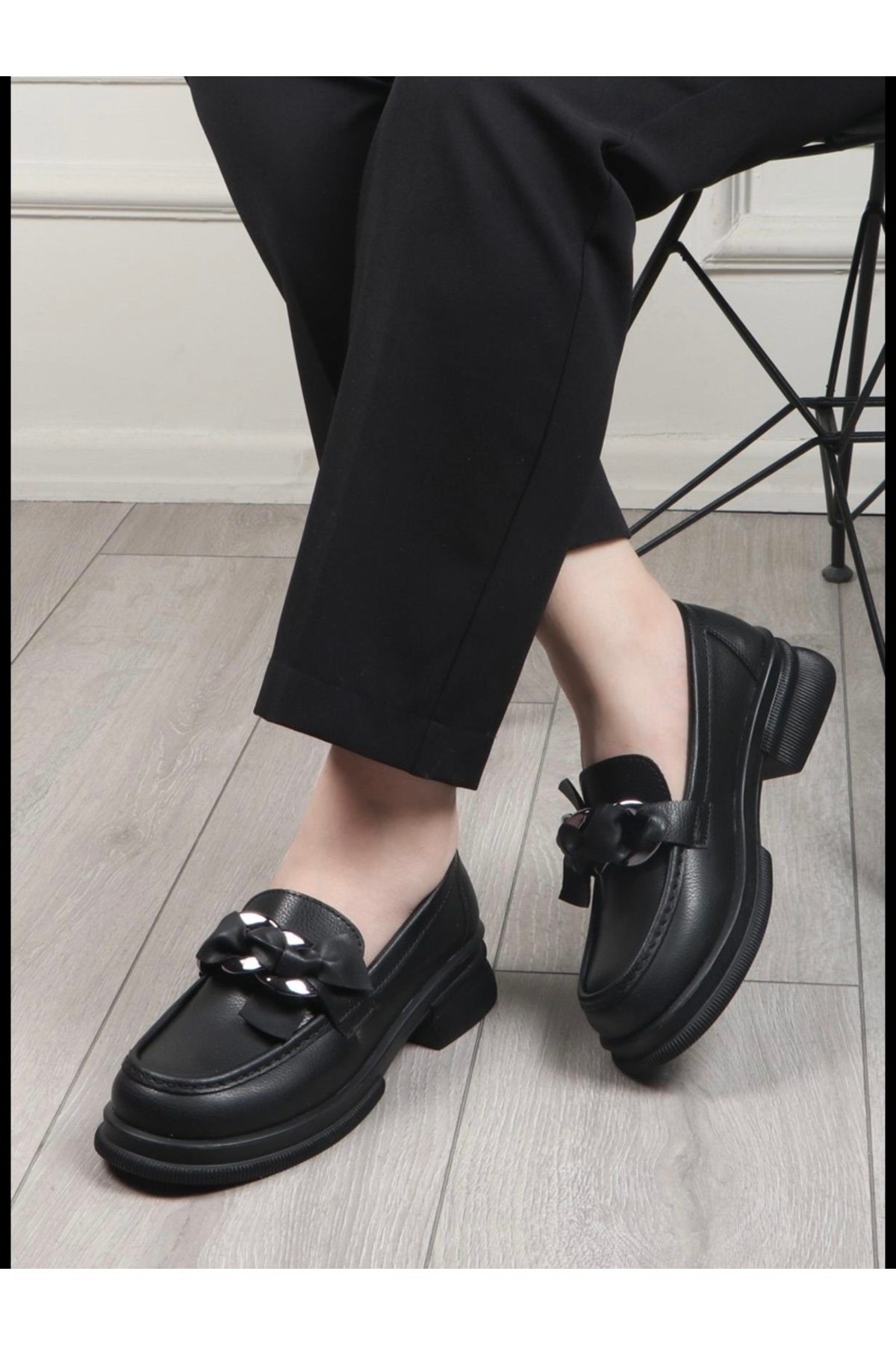 Yazın Ayakkabıları Black Front Chain Detail Square Toe Oxford