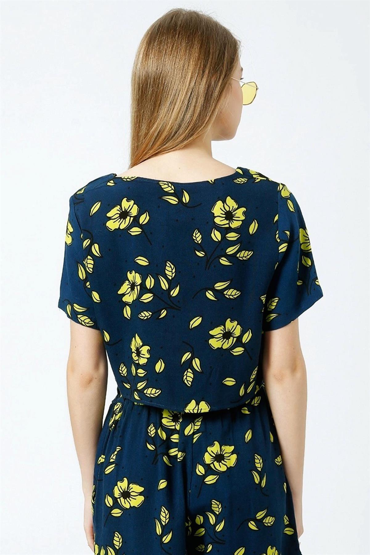 Trend42plus-V-Neck Tie Front Gathered Blue Blouse 4
