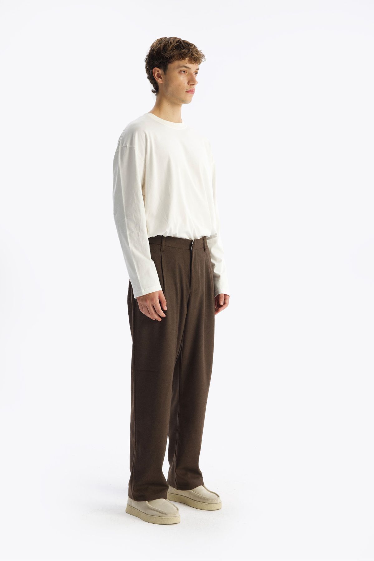 GIESTO-Brown Pleated Wool Trousers 3