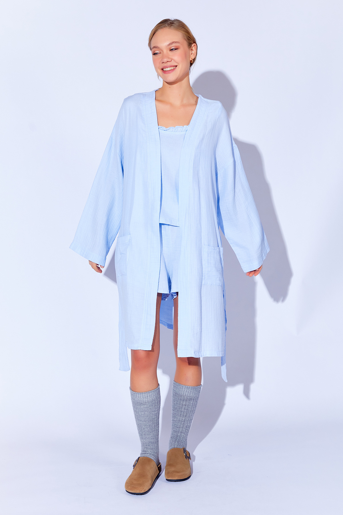 Manche-Baby Blue - 100% Organic Cotton Muslin Dressing Gown Kimono Mkw 359976 6