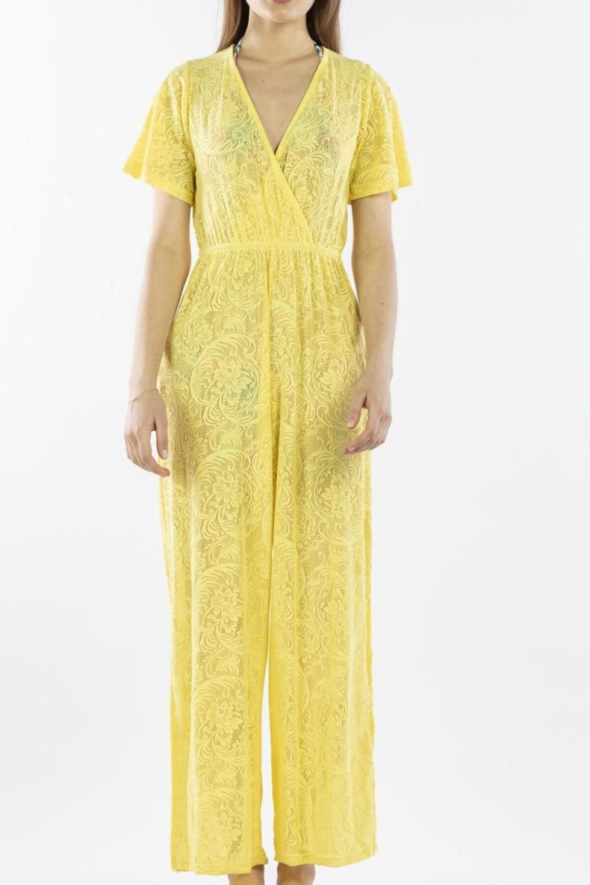 Nicoletta-Women's Pareo Jumpsuit Beach Dress Neon Lace Yellow 1