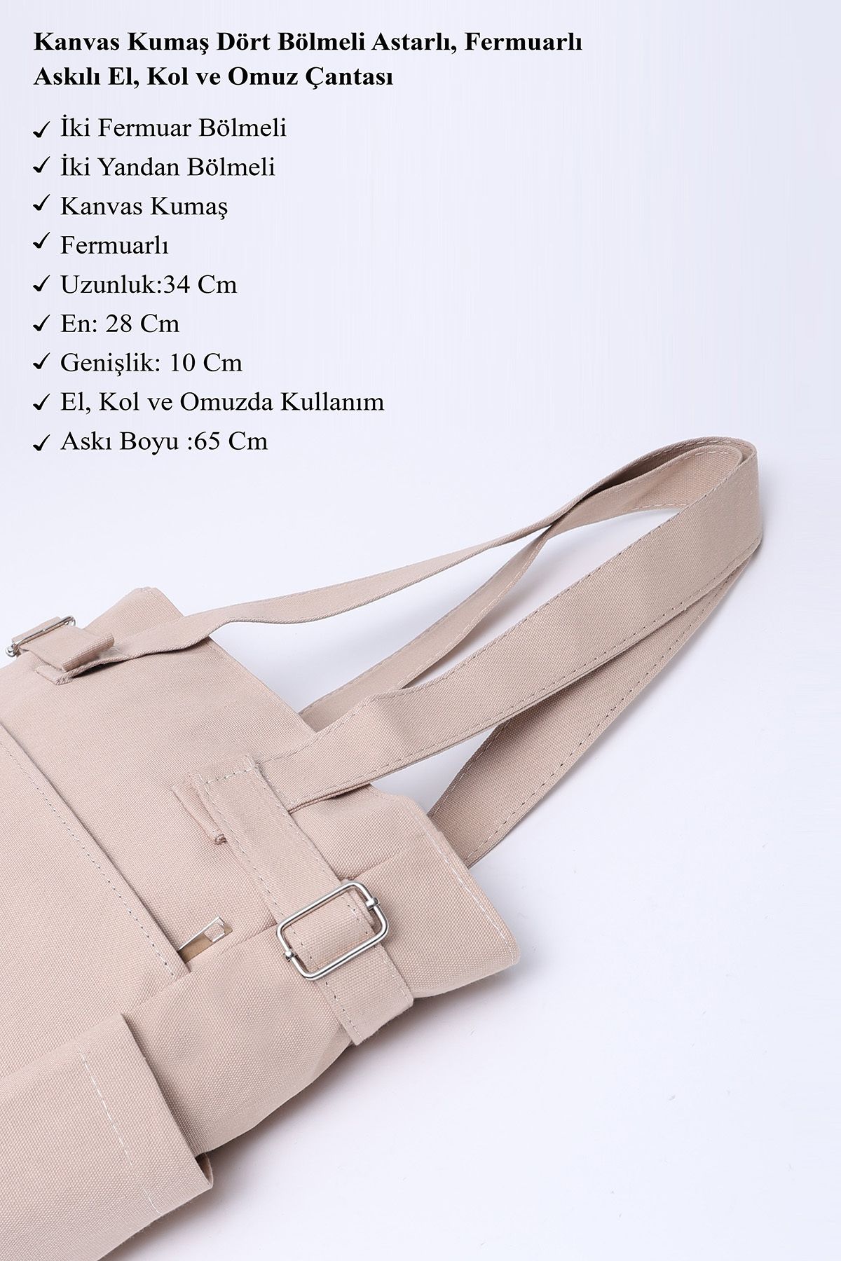 SHAKA-Cream Shk141 Canvas Fabric Four Compartment Lined, Zippered Strap Hand, Arm and Shoulder Bag L:34 E:28 G: 3