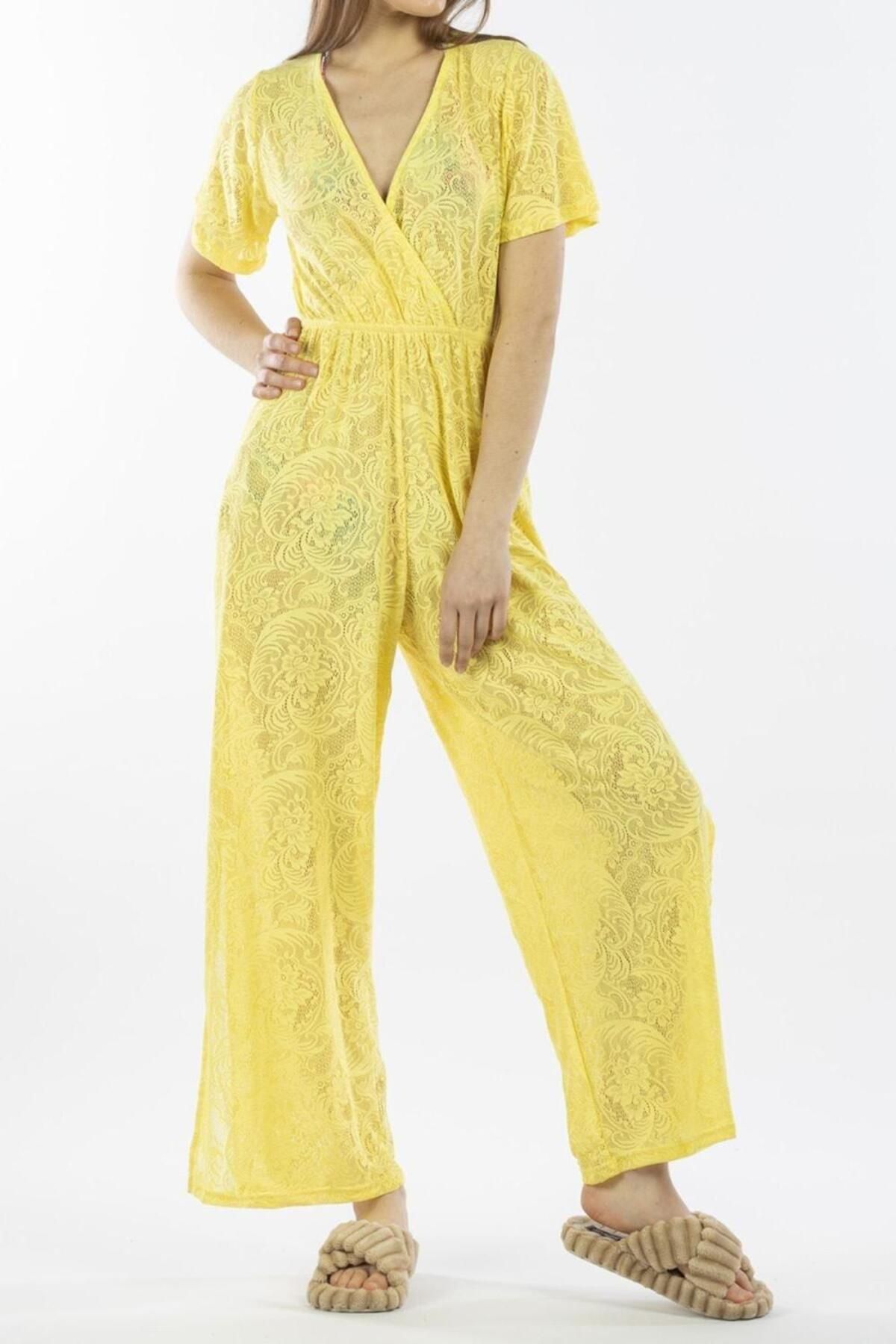 Nicoletta-Women's Pareo Jumpsuit Beach Dress Neon Lace Yellow 5