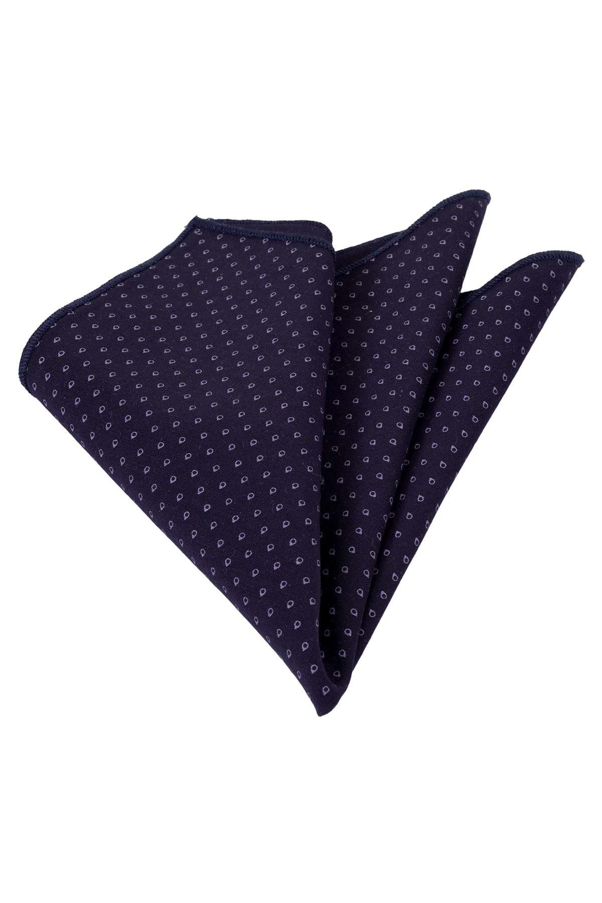 Exve Exclusive Lacivert üzerine Damla Desen Puantiye Baskılı Pamuk Yaka Cep Mendili
