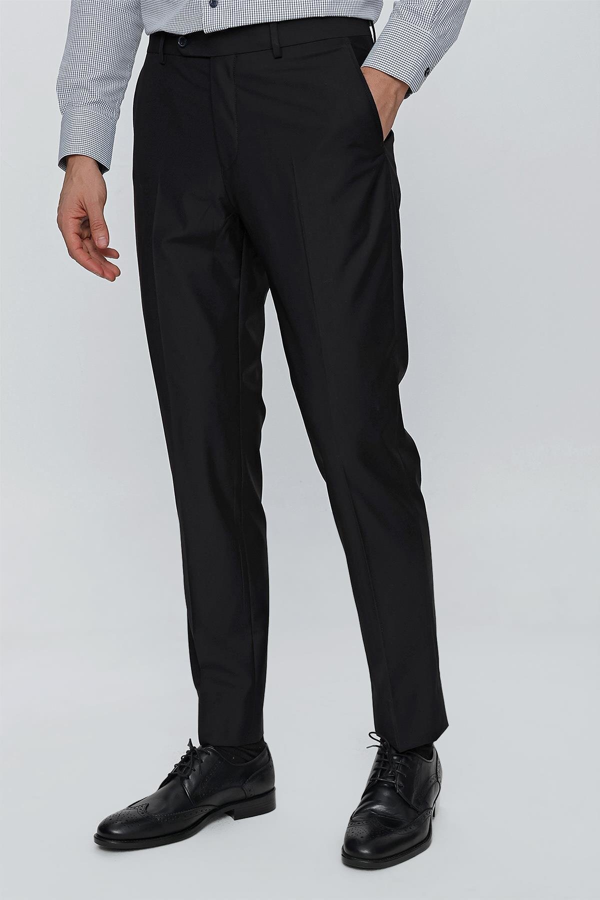 İmza-Black Plain Gabardine Slim Fit Basic Trousers 1003245013 3