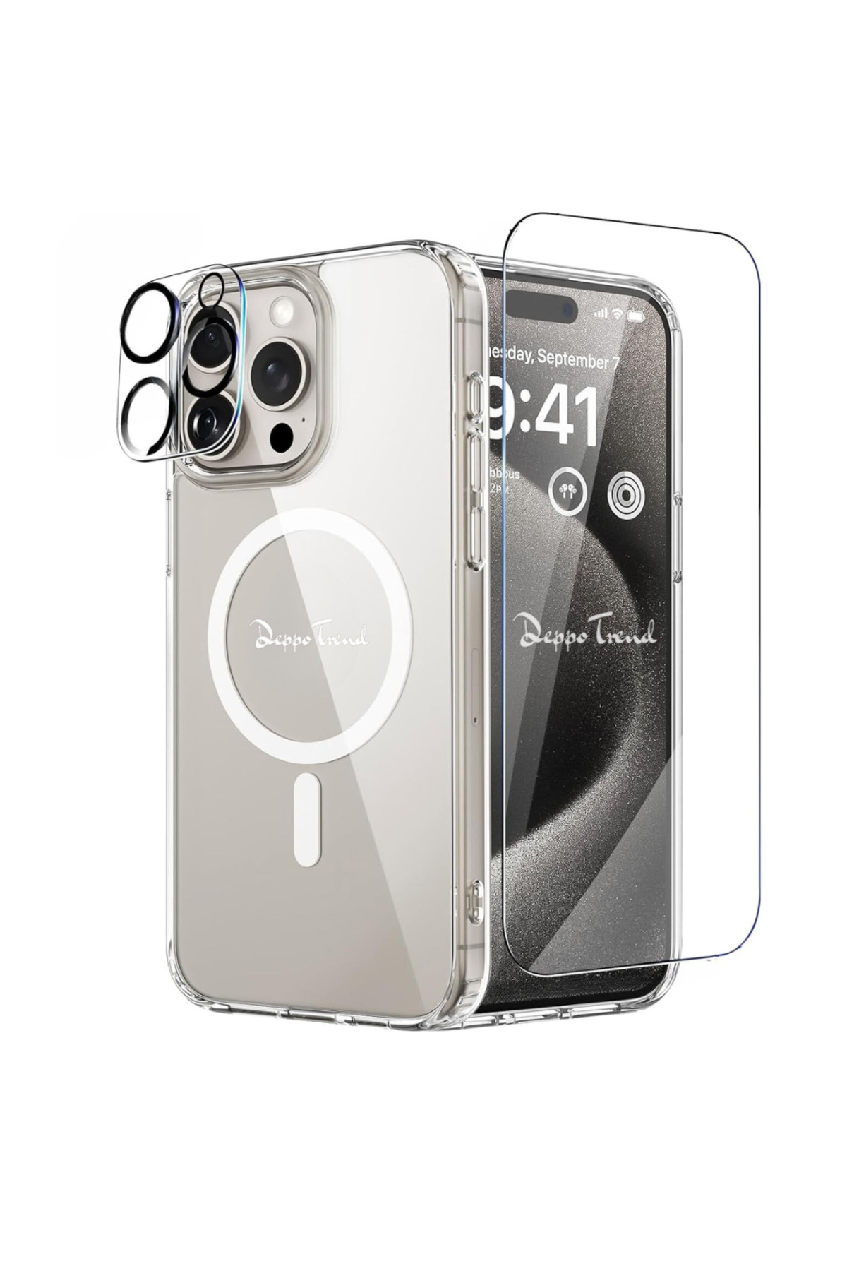 iPhone 15 Pro Uyumlu Kılıf Kamera Koruma Camı Ekran Koruyucu Şeffaf Magsafe Temperli Cam Koruma