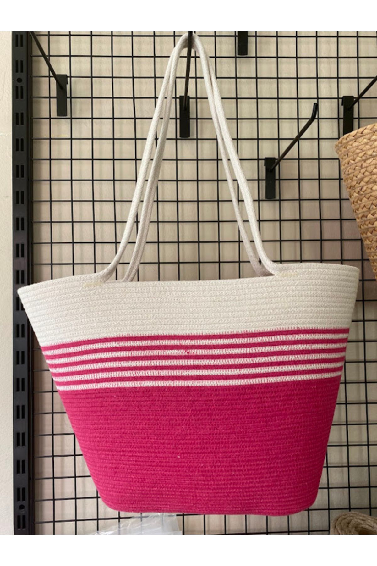 SELİNN BUTİK-Pink and Cream Striped Beach Bag with Cord Strap 1