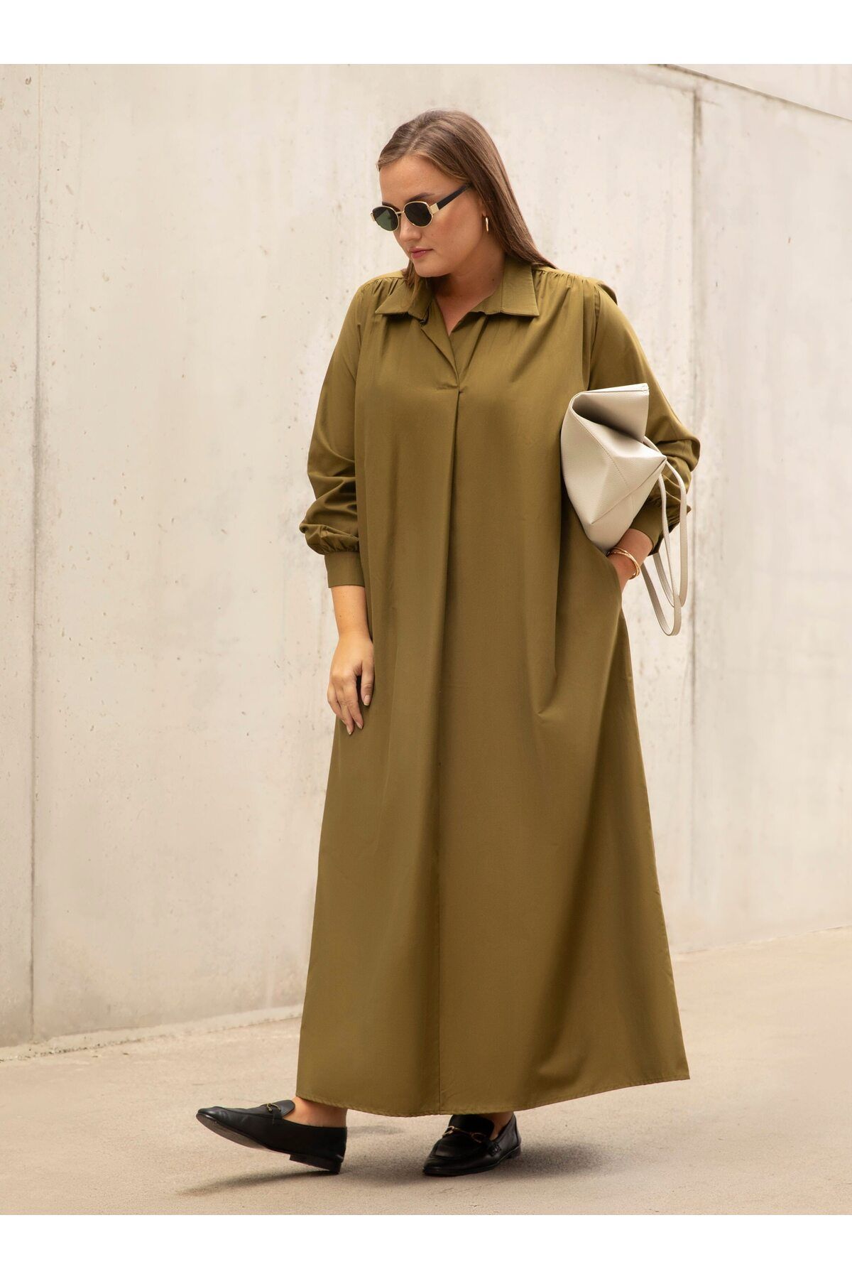 ALİA-Khaki Plus Size Poplin Dress - Alia 1