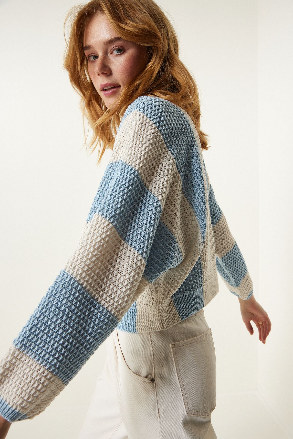 Lovelyİstanbul-Cream Sky Blue Striped Seasonal Knitwear Sweater - Lmc0021 2