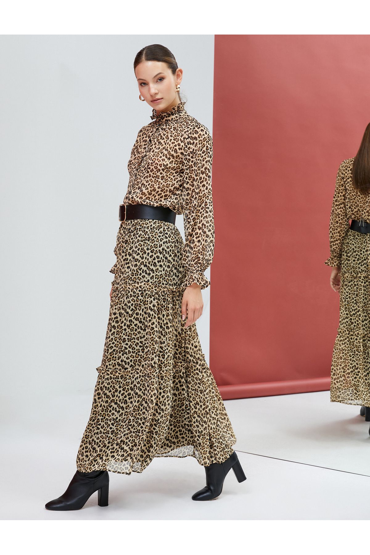 Koton-Leopard Patterned Long Chiffon Skirt - Flounce and Lined 2