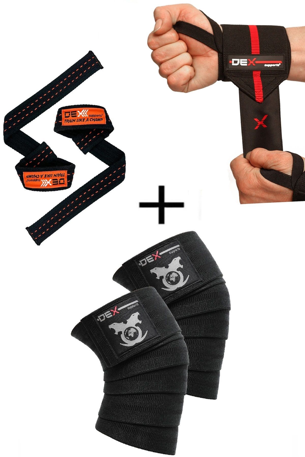 Dex Supports Sporcu Bilekliği Wrist Wraps Elite+Lifting Straps Turuncu+Spor Dizliği Knee Wraps Legend 3'lü Paket