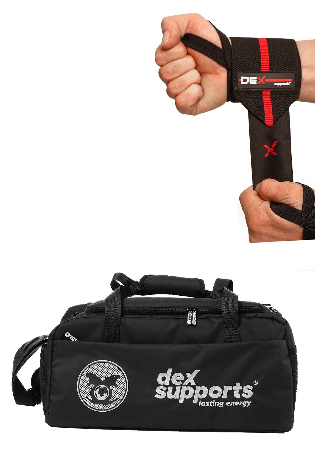 Dex Supports Fitness Bilekliği Wrist Wraps Elite + XXL Büyük Boy Fitness Spor Çantası BİG BAG Gri 2'li Paket