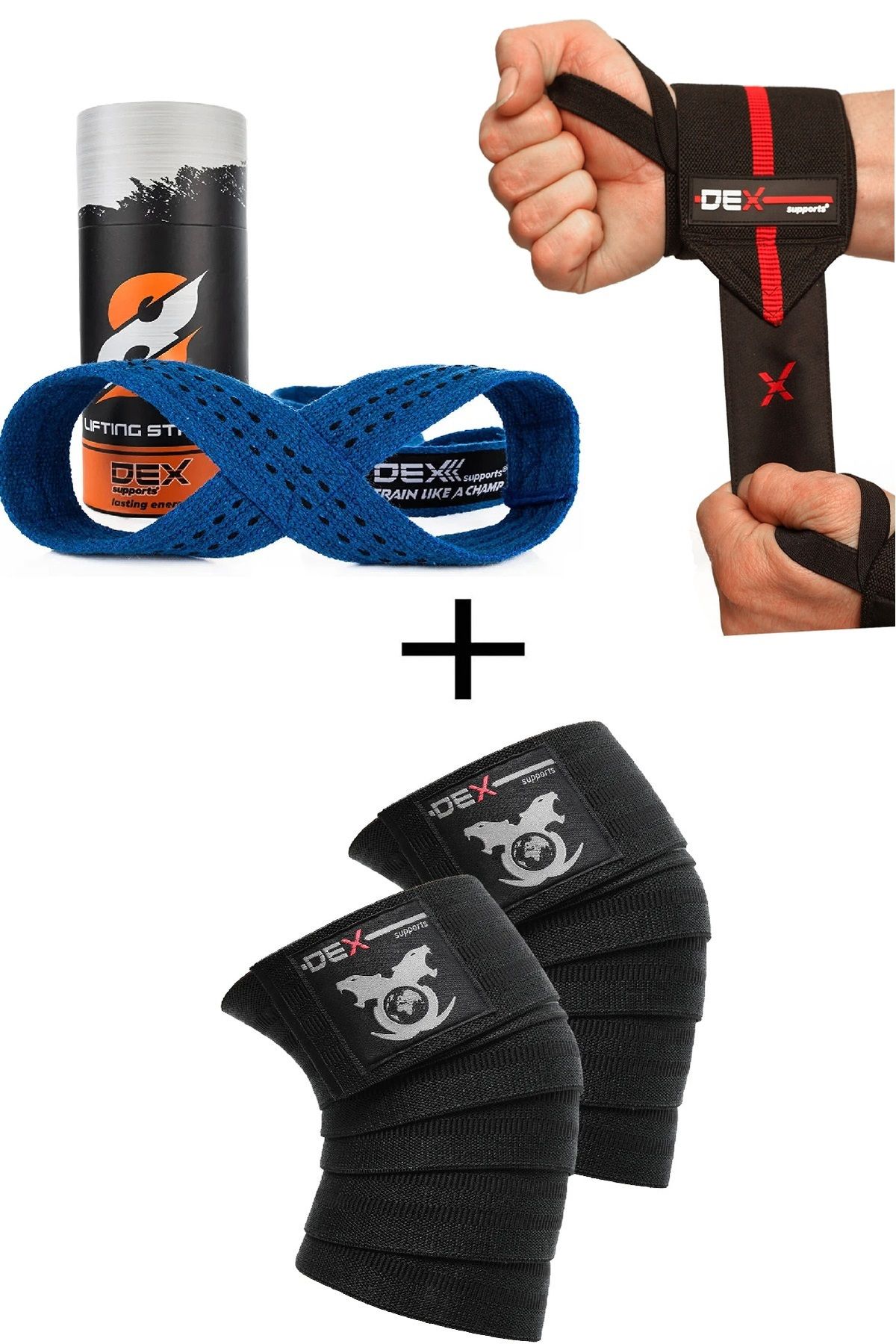 Dex Supports Sporcu Bilekliği Wrist Wraps Elite + 8 Loop Lifting Straps Mavi+Fitness Knee Wraps Legend 3'lü Paket