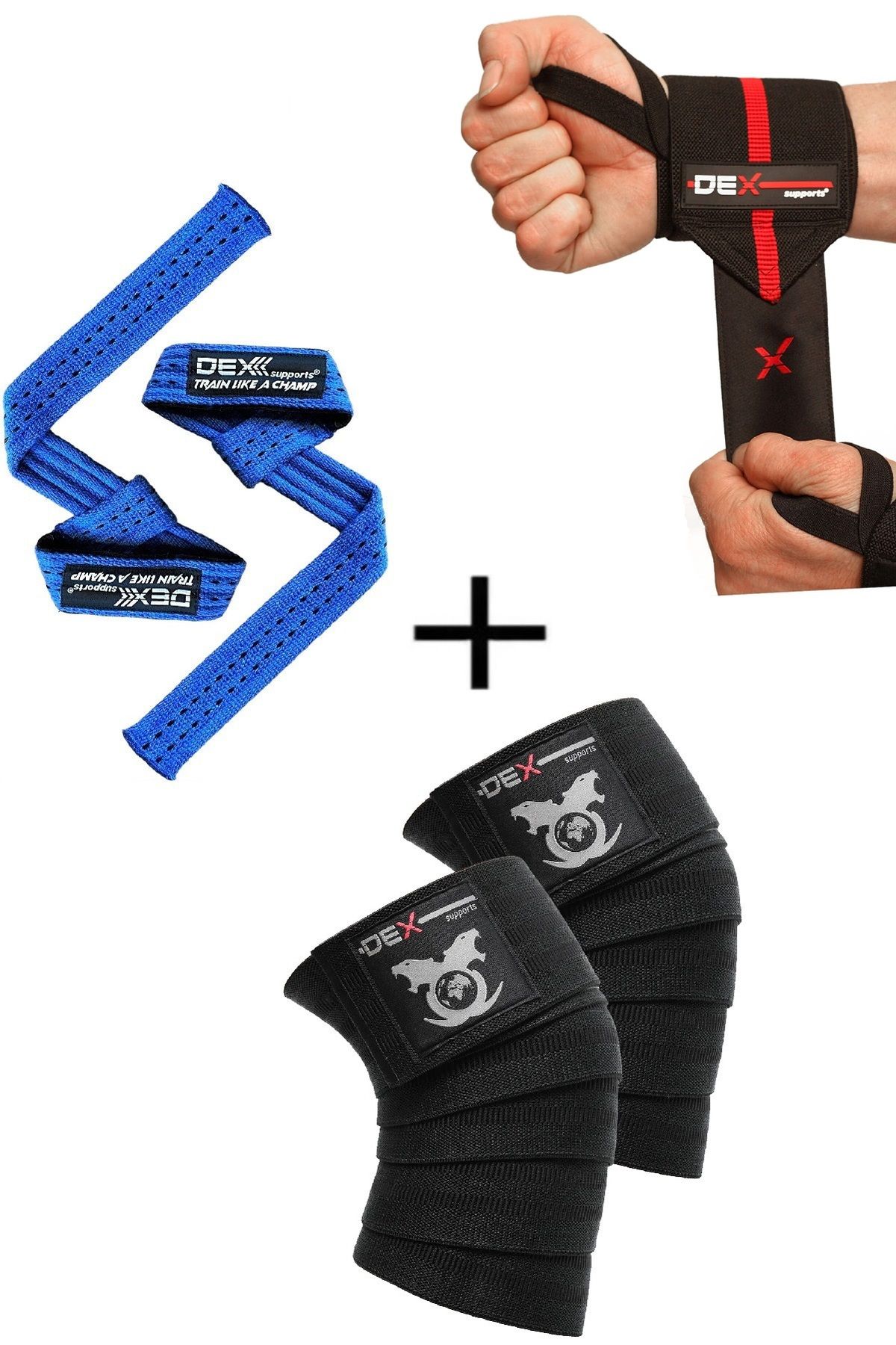 Dex Supports Sporcu Bilekliği Wrist Wraps Elite+Lifting Straps Mavi+Spor Dizliği Knee Wraps Legend 3'lü Paket