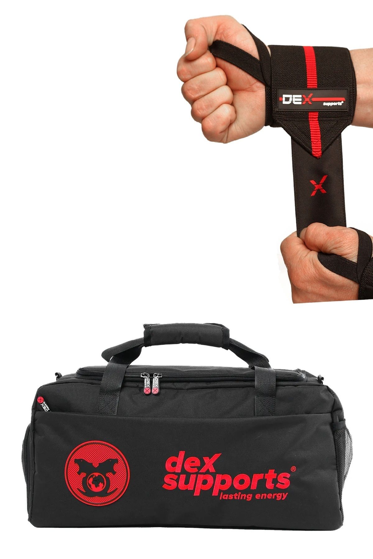 Dex Supports Fitness Bilekliği Wrist Wraps Elite + XXL Büyük Boy Fitness Spor Çantası BİG BAG Kırmızı 2'li Paket