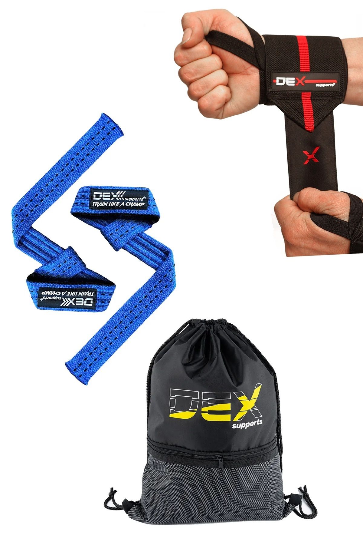 Dex Supports Fitness Bilekliği Wrist Wraps Elite+Ağırlık Kaldırma Kayışı Lifting Straps Mavi+Sackpack 3'lü Paket