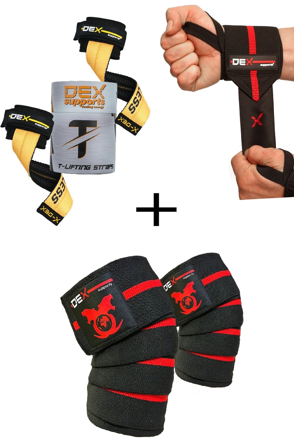 Dex Supports Fitness Bilekliği Wrist Wraps Elite + T-Grips Lifting Straps + Fitness Knee Wraps Elite 3'lü Paket