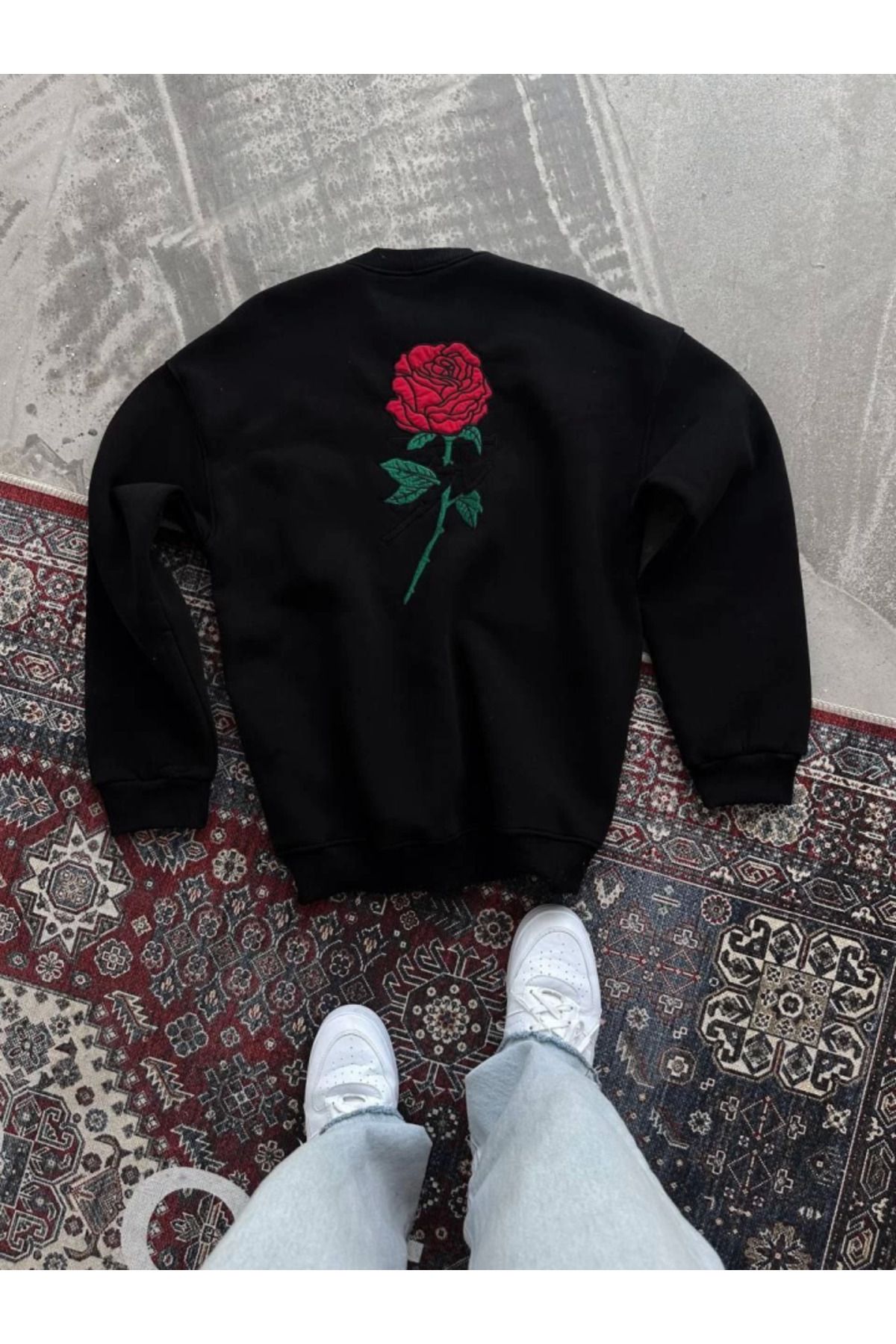 ATOM84 Oversize Üç İplik Bisiklet Yaka Baskılı SweatShirt - Siyah