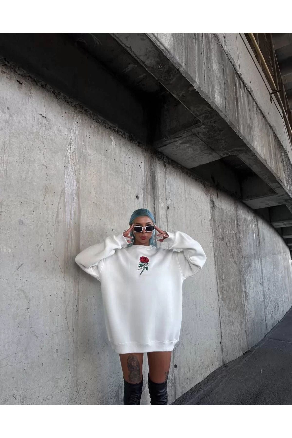 SA Alişveriş Dünyam Oversize Üç İplik Bisiklet Yaka Baskılı SweatShirt - Beyaz