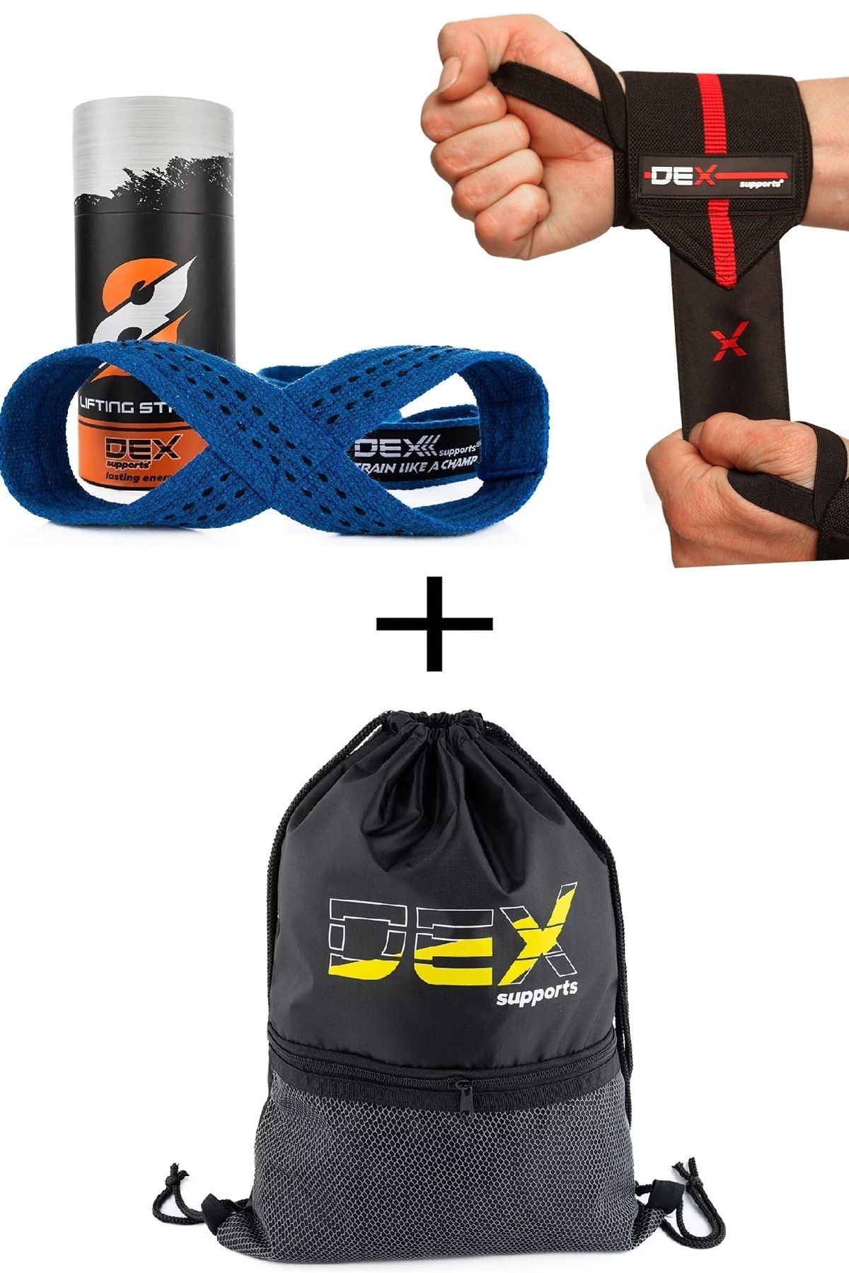 Dex Supports Sporcu Bilekliği Wrist Wraps Elite + Ağırlık Kayışı 8 Loop Lifting Straps Mavi + Sackpack 3'lü Paket