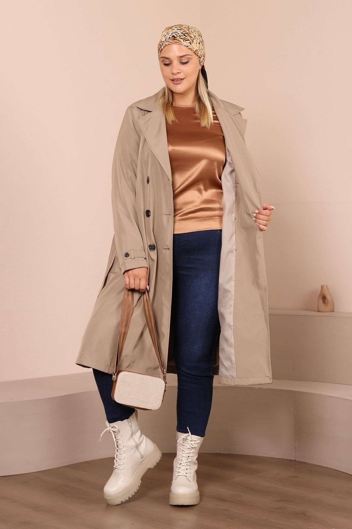 Ferace  Kadin Buyuk Beden Tesettur Trenckot Tam Boy Tesettur Trenc Astarli Taş - Görsel 7