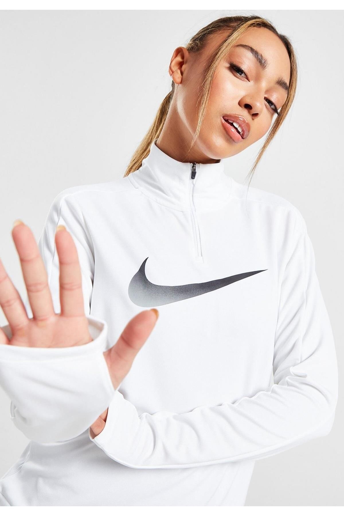 Nike Dri Fit Swoosh 1/4 Zip Sweat White Yarım Fermuarlı Koşu Üstü Sweatshirt Beyaz