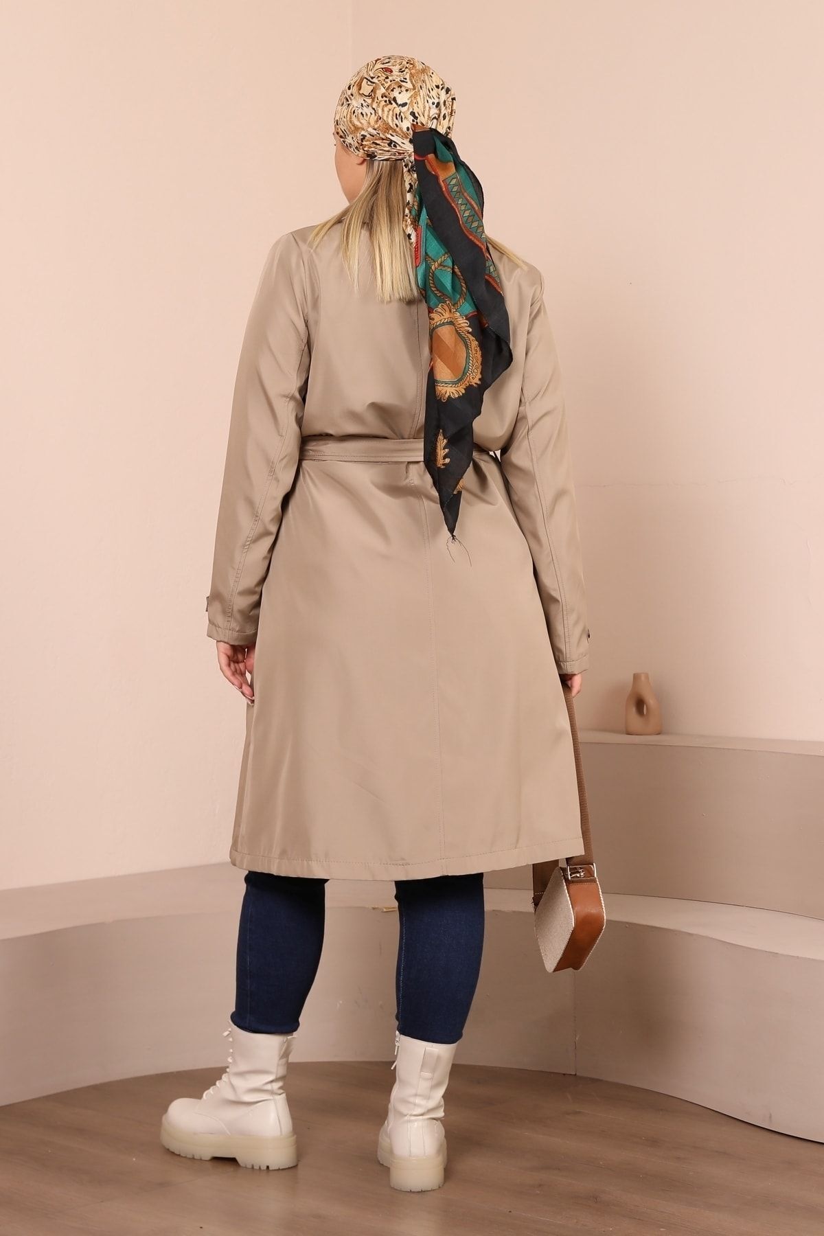 Ferace  Kadin Buyuk Beden Tesettur Trenckot Tam Boy Tesettur Trenc Astarli Taş - Görsel 8