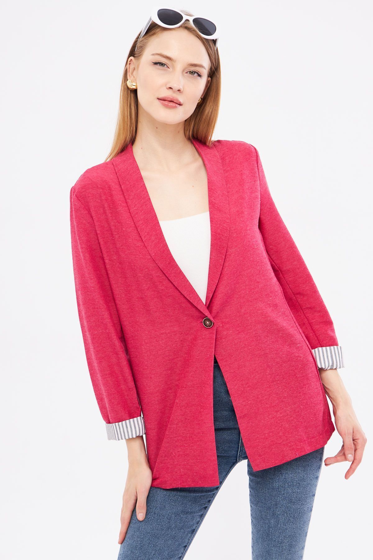 armonika-Dark Fuchsia Single Button Striped Women's Jacket - ARM-22K001122 1