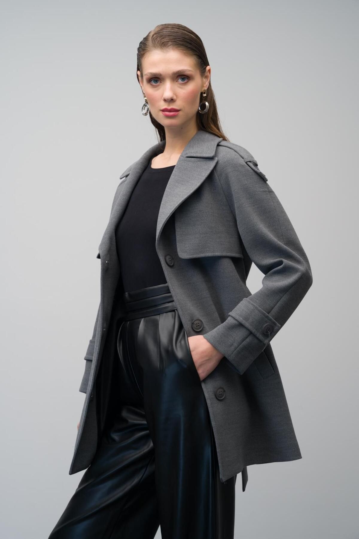 Olcay-Raglan Sleeve Coat - Epaulet and Cloak Detail, Gray 3078 7