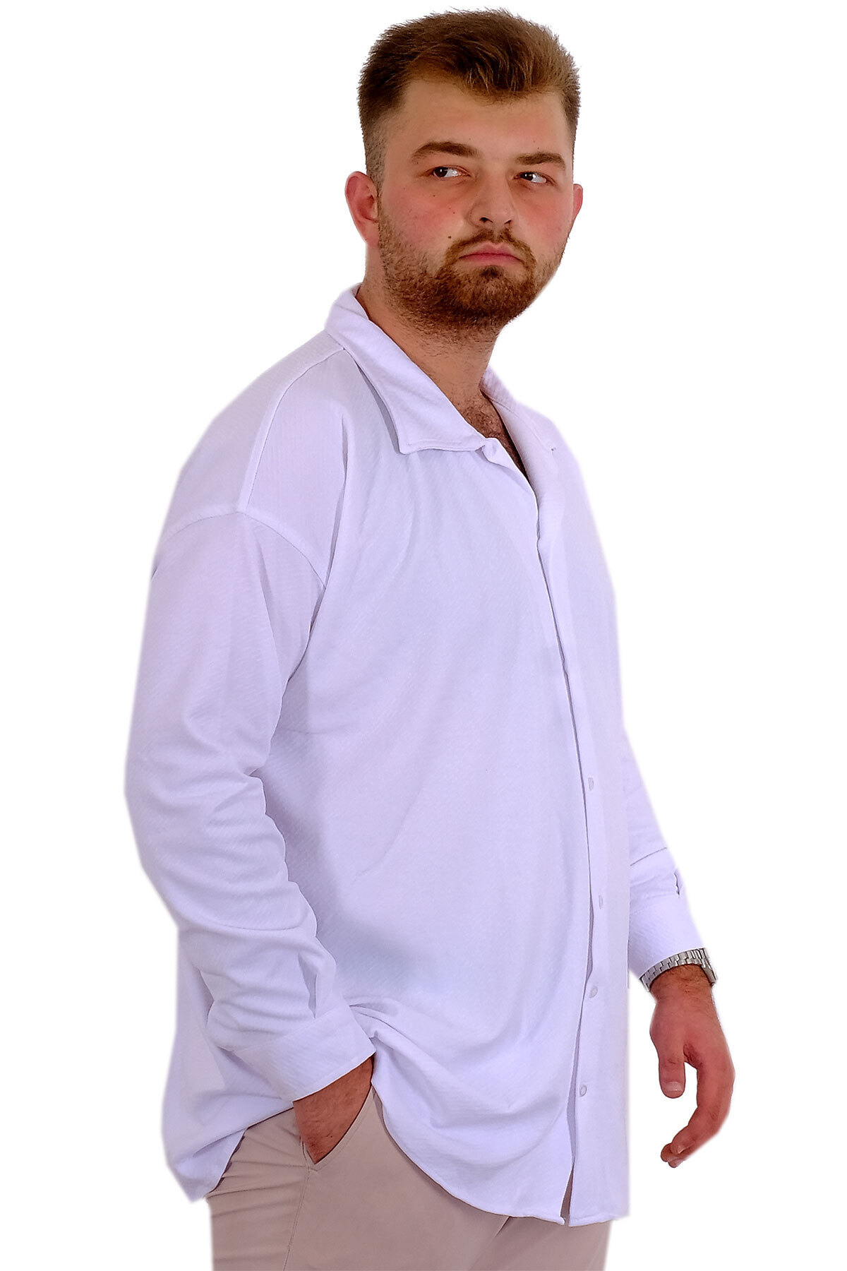 ModeXL Mode XL Büyük Beden Erkek Gömlek Apas Yaka Uzun Kol JAKAR U24381 Beyaz görsel 2
