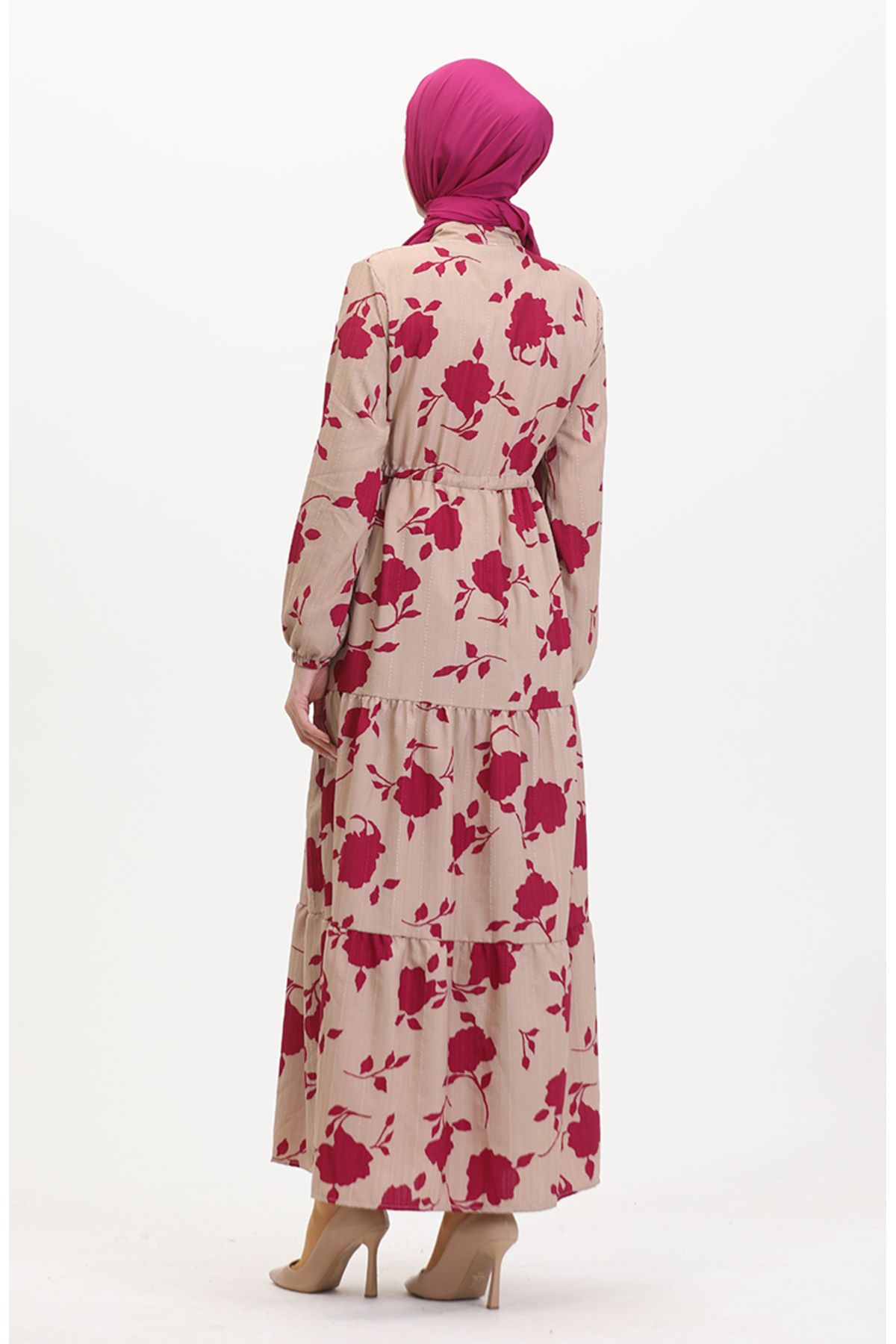 sefamerve-Mink Fuchsia Patterned Dress - Buttoned Front and Laced 0516-01 6