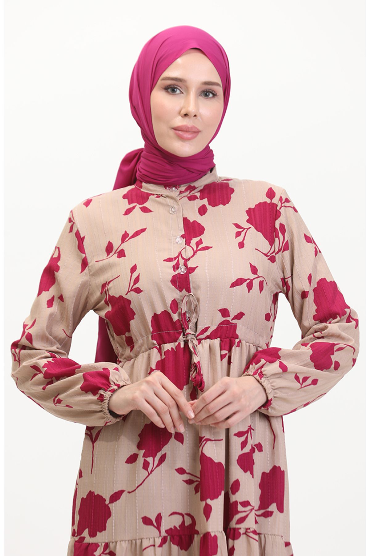 sefamerve-Mink Fuchsia Patterned Dress - Buttoned Front and Laced 0516-01 4