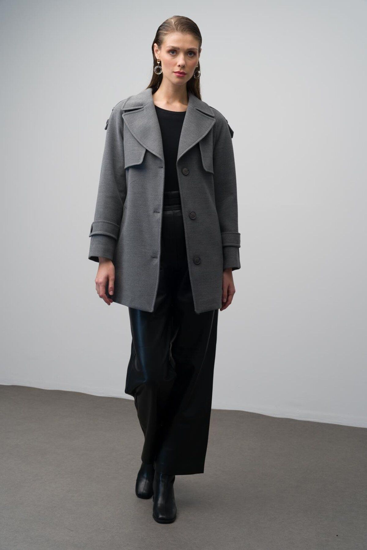 Olcay-Raglan Sleeve Coat - Epaulet and Cloak Detail, Gray 3078 1