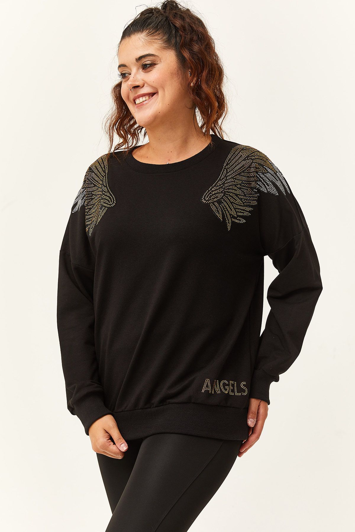 Ebsumu Kadın Büyük Beden Angels Taş Baskılı Siyah Sweatshirt