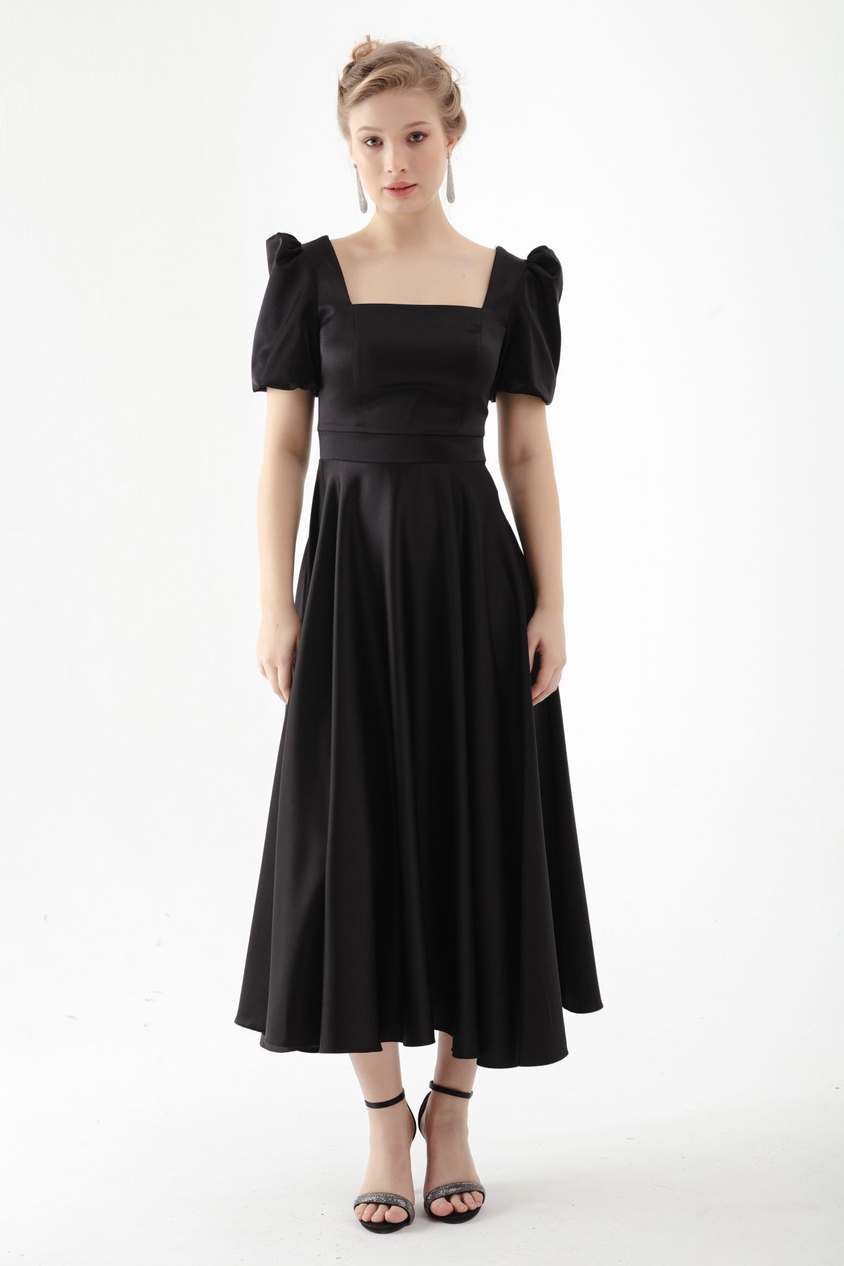 Lafaba-Schwarzes Midi-Abendkleid mit quadratischem Kragen und Ballonärmeln für Damen 2