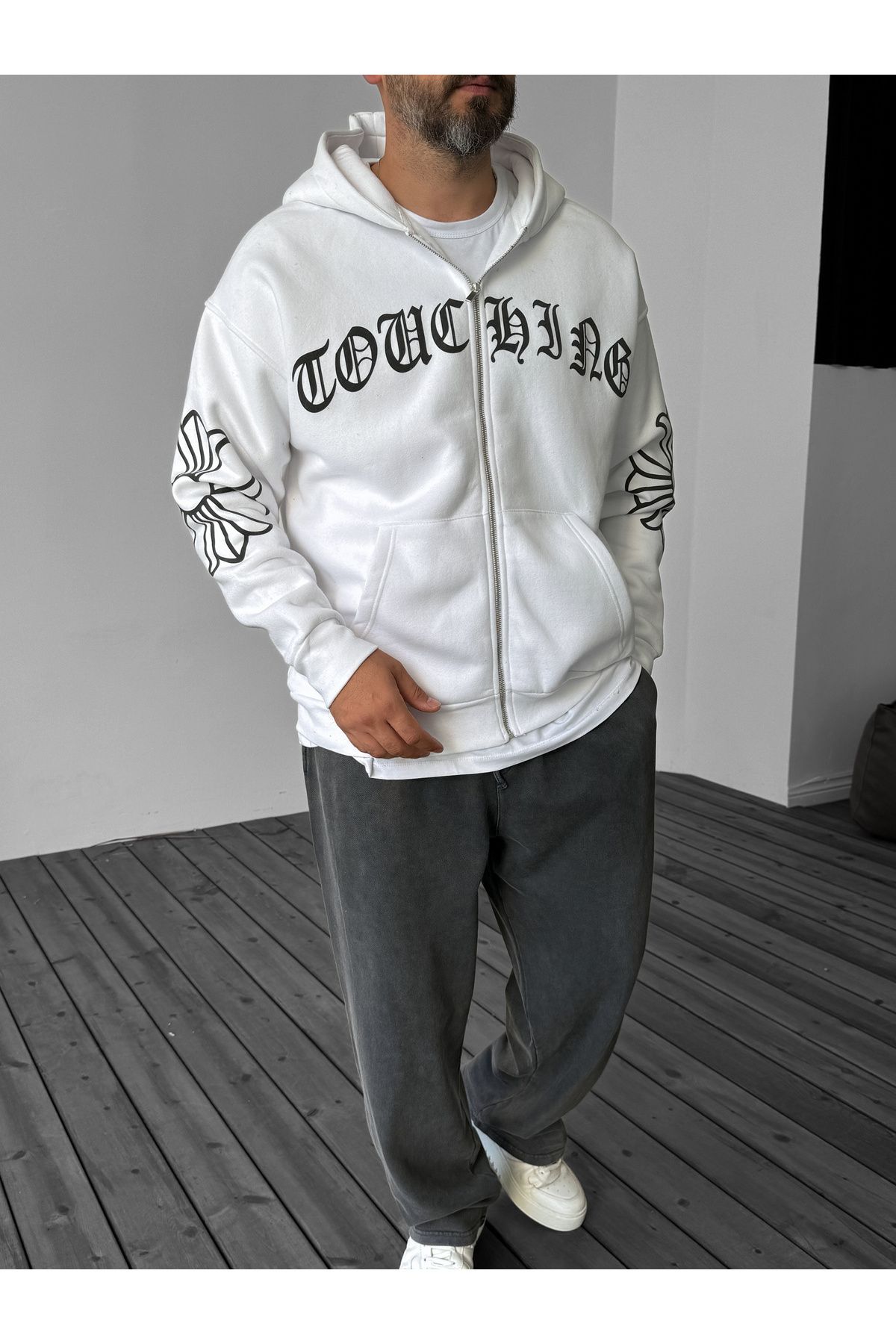 BYBASICMAN-White Text Embossed Zippered Sweat C-725 4
