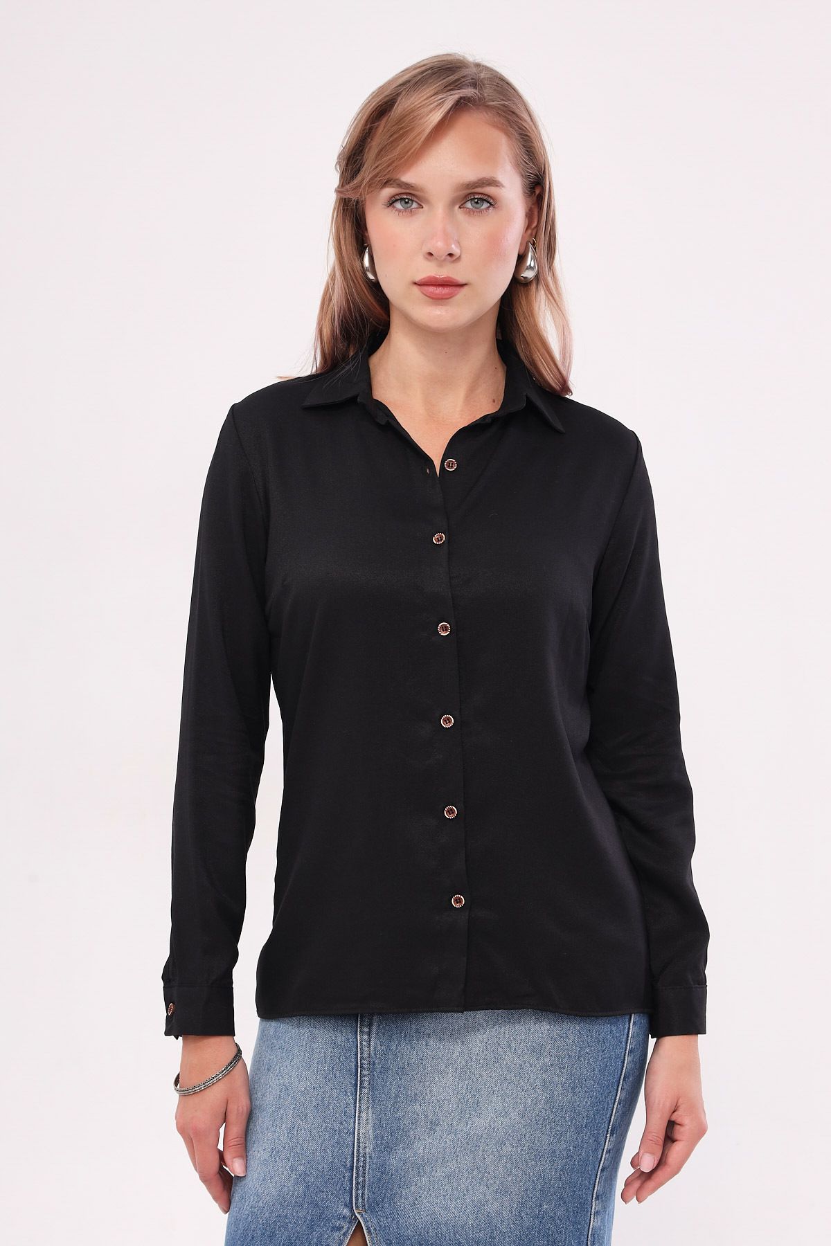 armonika-Women's Black Long Sleeve Plain Shirt ARM-18Y001176 3