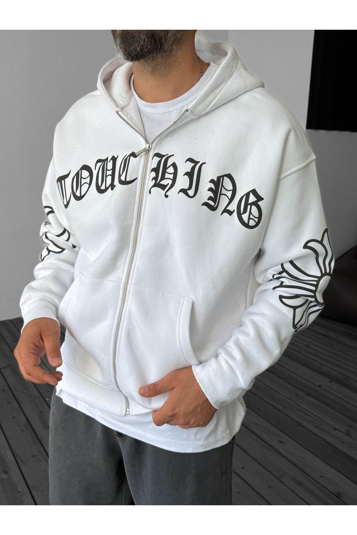 BYBASICMAN-White Text Embossed Zippered Sweat C-725 5