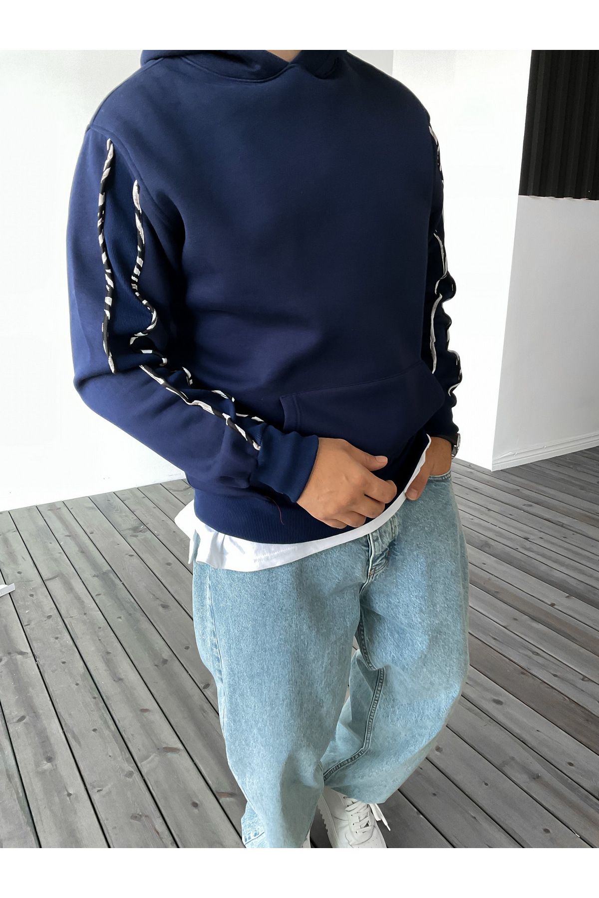 BYBASICMAN-Hooded Navy Blue Stripe Patterned Sweat - Bla-646 2
