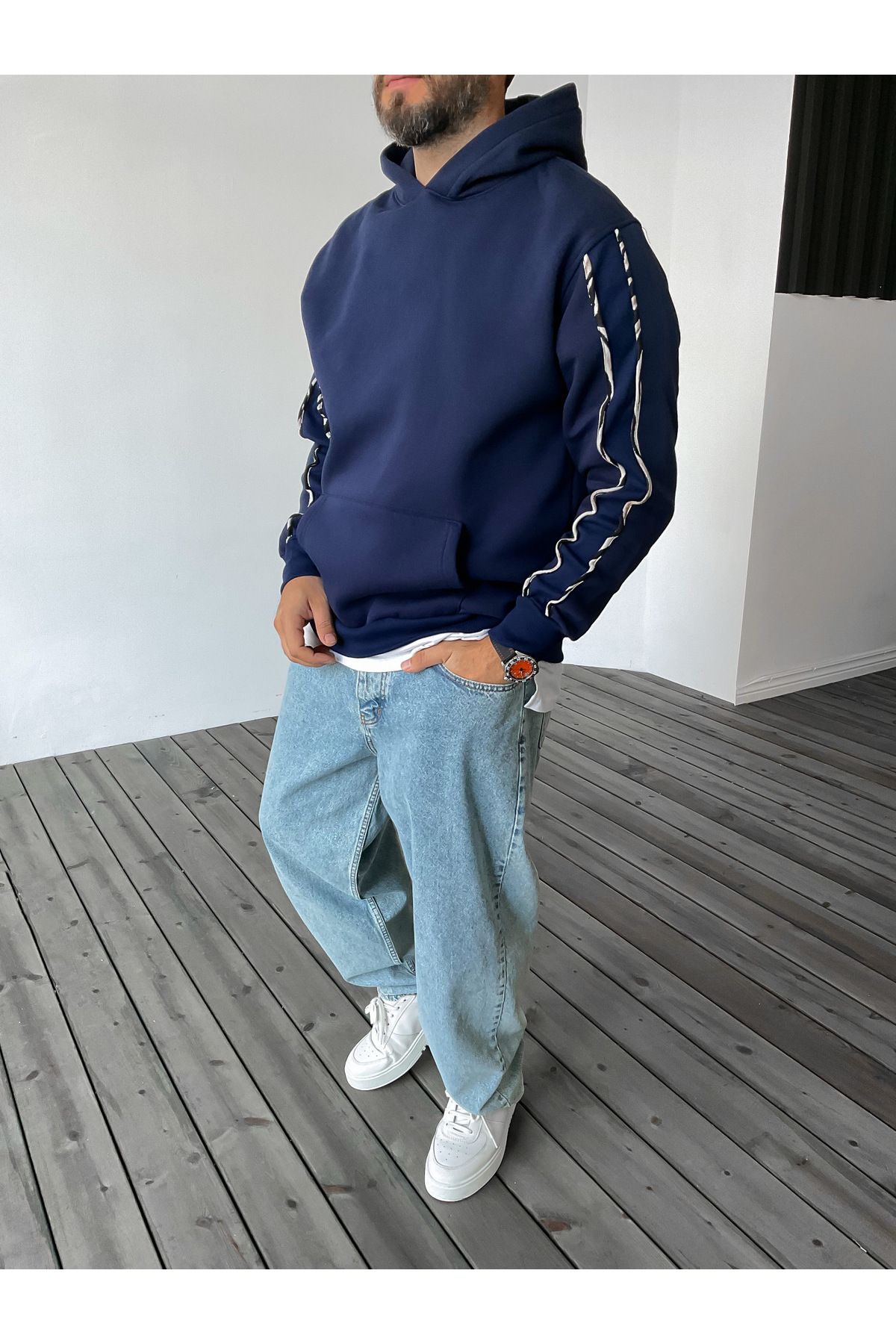 BYBASICMAN-Hooded Navy Blue Stripe Patterned Sweat - Bla-646 1