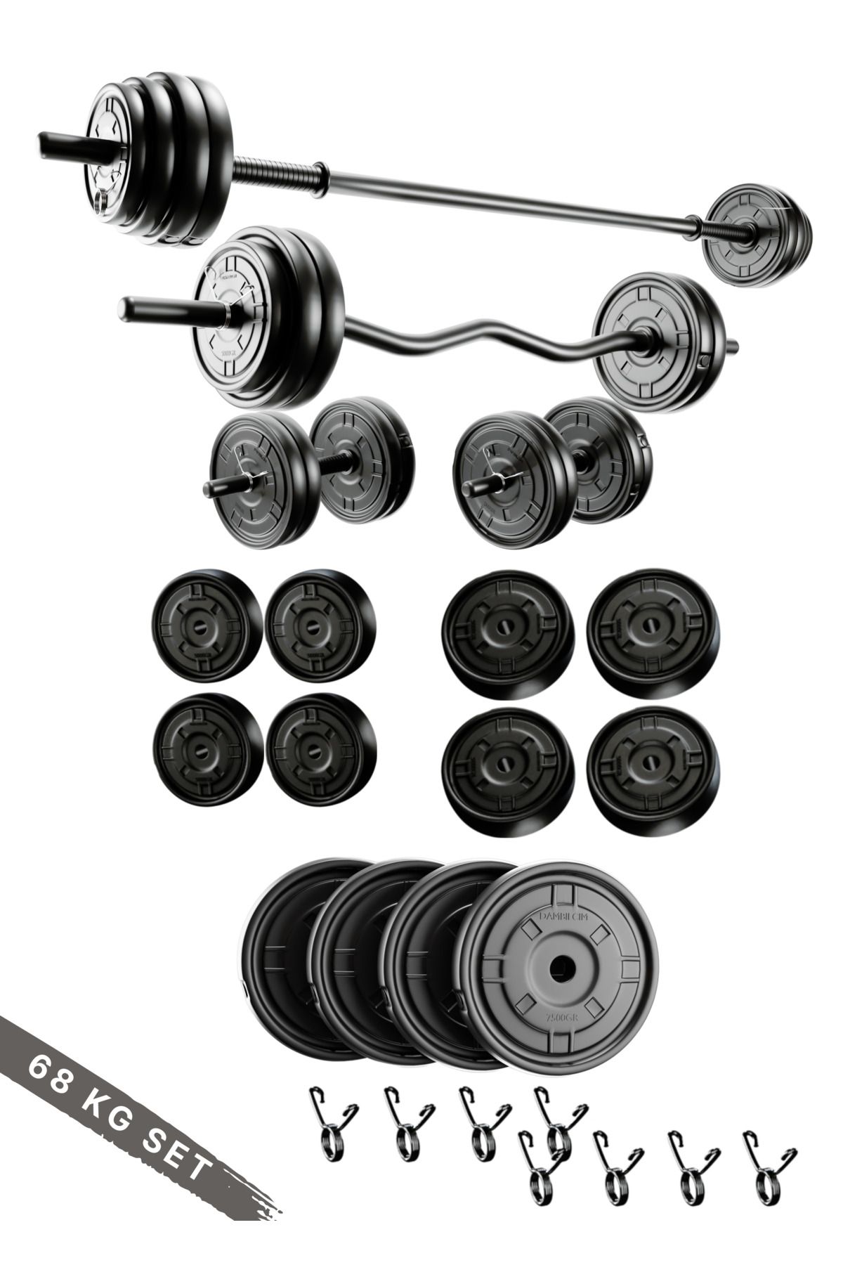 68 Kg ; 150 Cm Uzun Bar+ 120 Cm Z-barlı Megaset Halter Seti Ve Dambıl Seti Ağırlık Fitness Seti