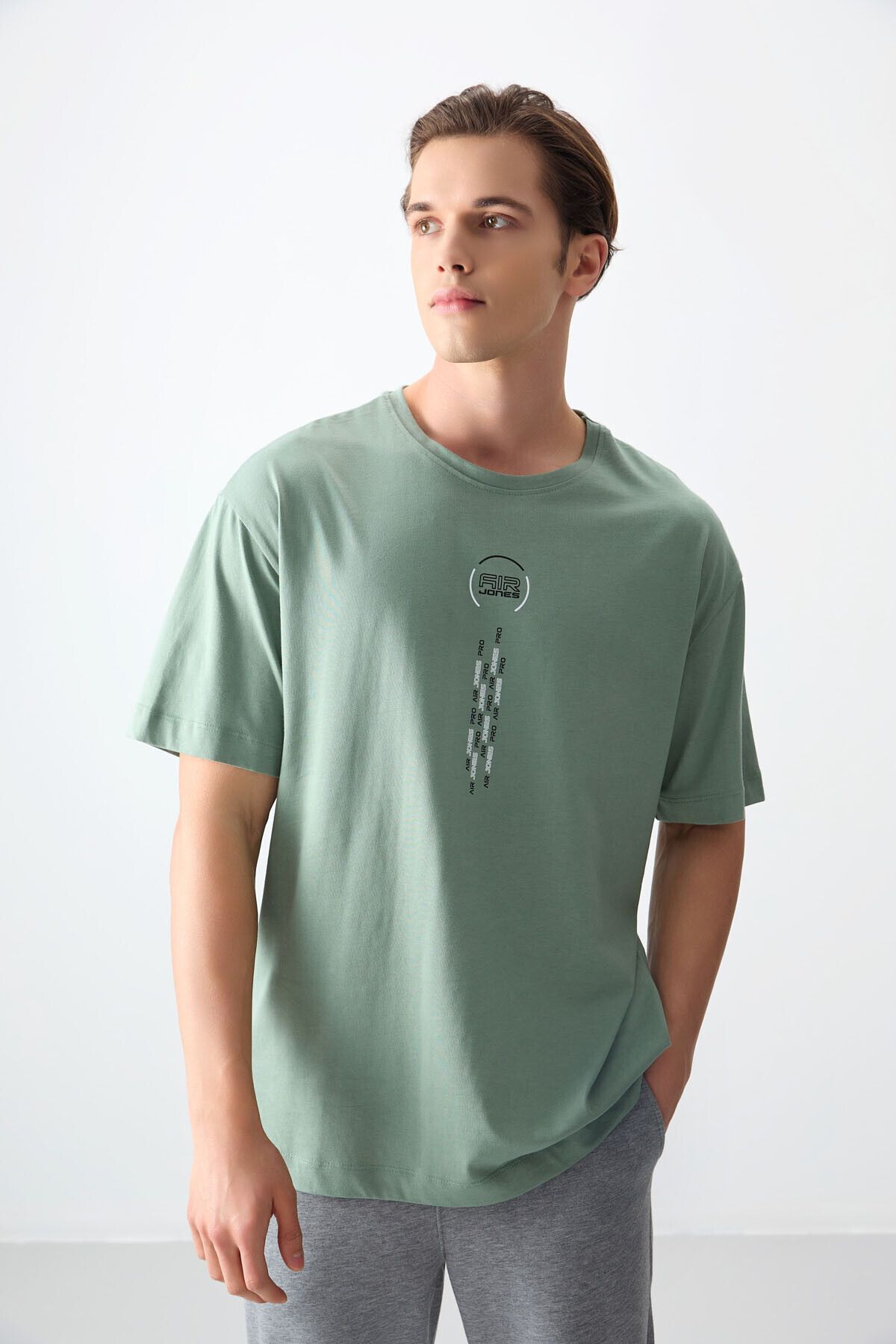 AIR JONES-Light Green 100% Cotton Thick Soft Textured Oversize Fit Printed Men's T-Shirt -88355 1