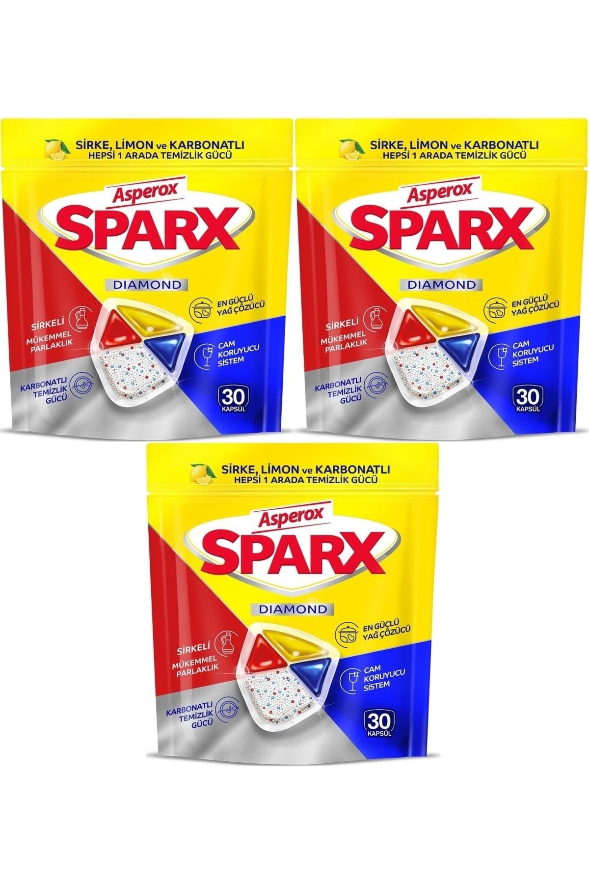 ASPEROX Sparx Bulaşık Makinesi Kapsülü 90 Adet Hepsi 1 Arada (Sirke-Limon-Karbonatlı) (3PK*30)