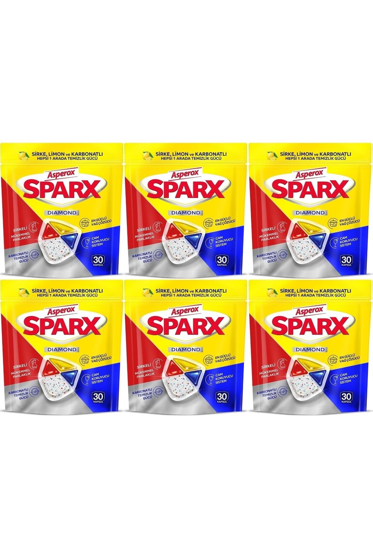 ASPEROX Sparx Bulaşık Makinesi Kapsülü 180 Adet Hepsi 1 Arada (Sirke-Limon-Karbonatlı) (6PK*30)