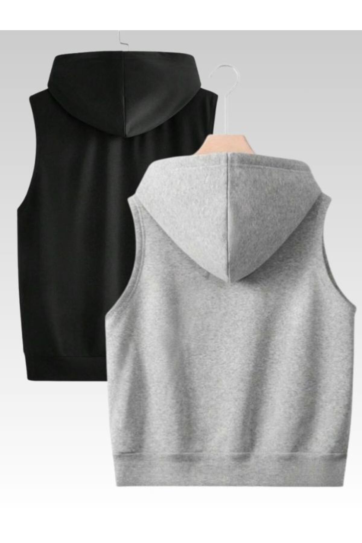 MOONBULL  2'li Unisex Fermuarlı Kapüşonlu Kanguru Cepli Oversize Kolsuz Yelek - Görsel 2