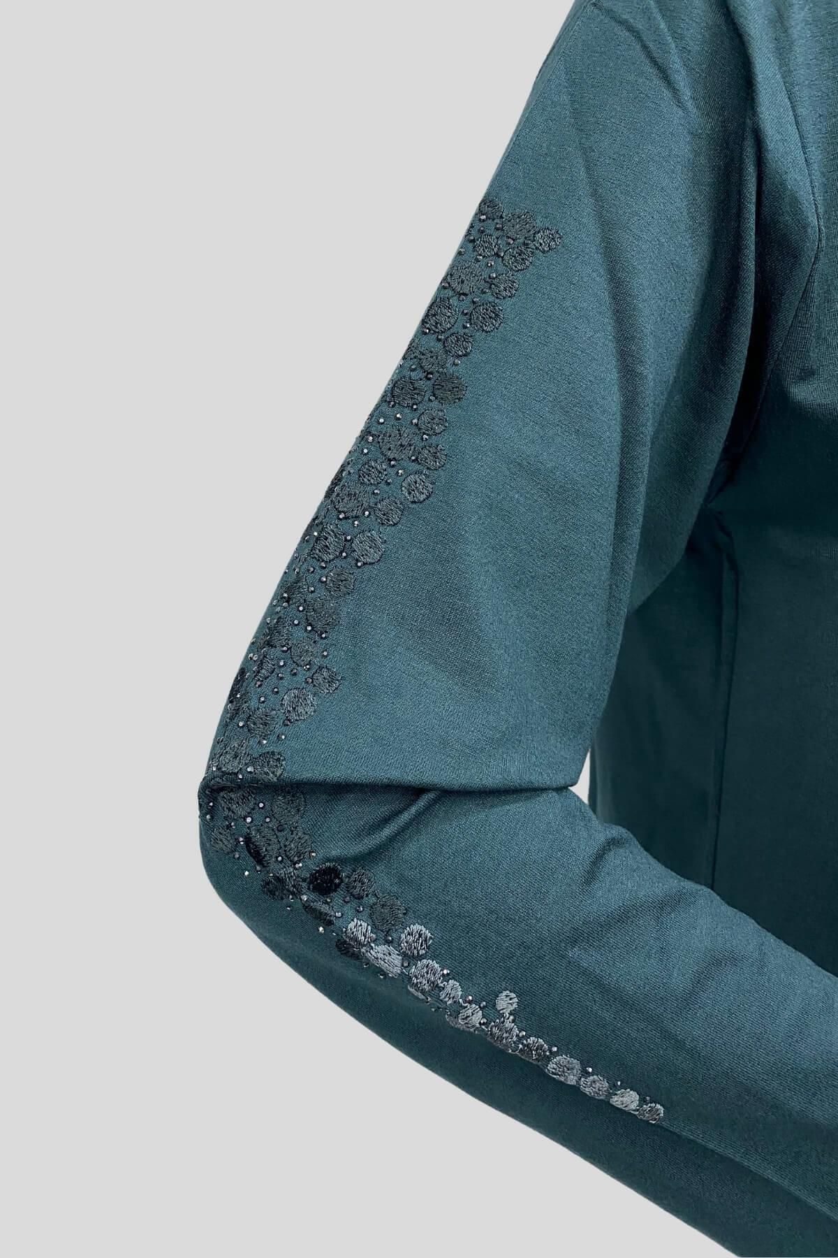 Moda Zeyn-Emerald Mother Combed Cotton Blouse - Viscose Fabric, Little Daisy Pattern and Embroidered with Rhinestones 2