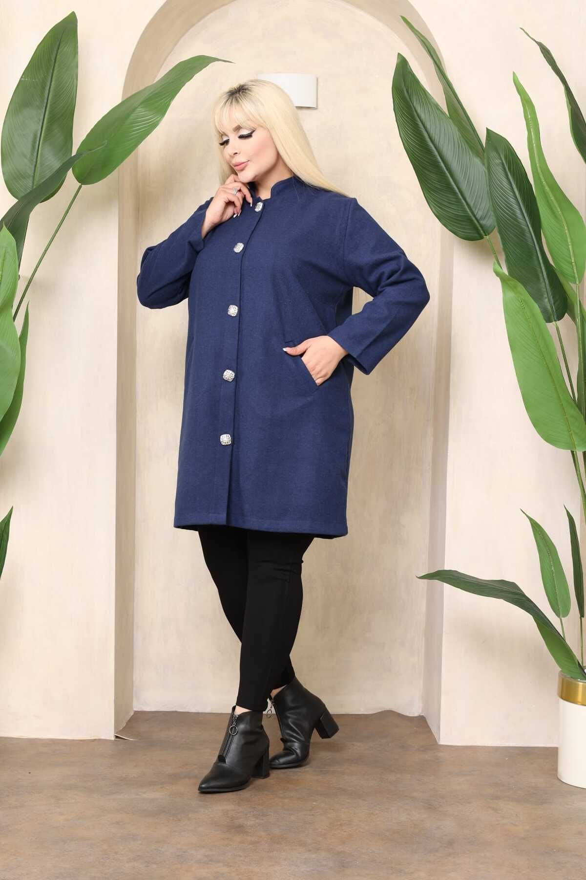 Şans-Women's Large Size Navy Blue Pocketed Unlined Cashmere Coat 65N38346 6