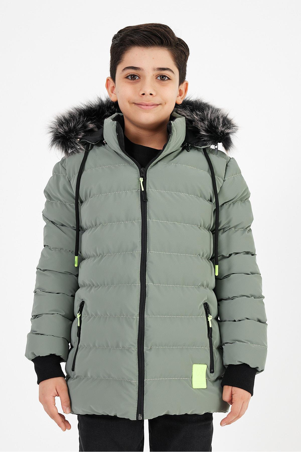 Krem Erkek Çocuk Çıkartılabilir Kapüşonlu Şişme Deri Karışımlı Kumaş Mont & Kaban - Açık Yeşil